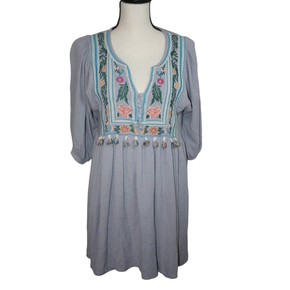 Boho Loose Fit UMGEE USA Women's Dress Small Embroidered Floral Blue Long Sleeve